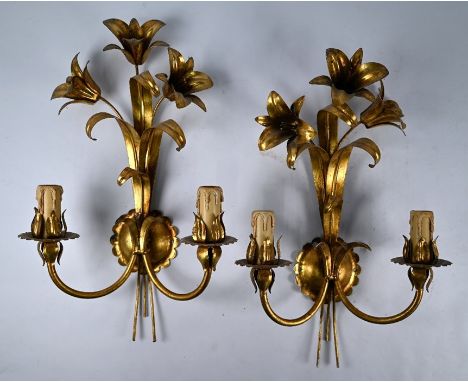 A gilt metal three branch leaf form ceiling light fitting to/with a pair of twin branch wall sconces (3)