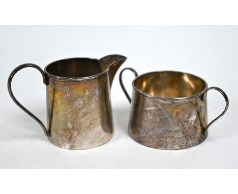 A heavy quality silver cream jug and sugar basin of tapering cylindrical form, J.E. Bushell, Birmingham 1944, 8.3oz (260g)