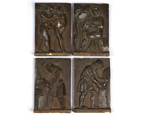 A set of four Arts &amp; Crafts bronzed ceramic small relief tiles, decorated with figures including Adam &amp; Eve, Jesus (?