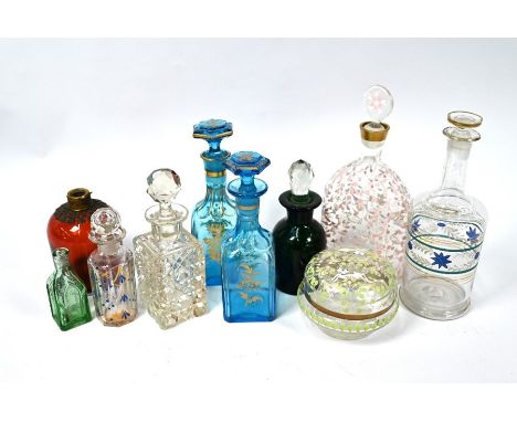 Seven various painted glass and other cologne flasks and stopper, to/w a bowl and cover, cranberry glass flask with silver mo