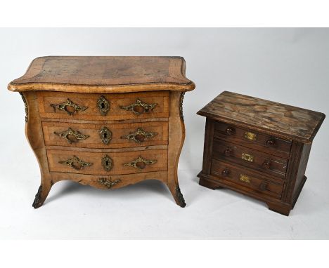 A continental miniature walnut three drawer commode, gilt mounted of serpentine form , 37 cm x 19.5 cm x 30.5 cm h to/w anoth