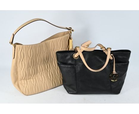 A black leather handbag with beige adjustable handles by Michael Kors to/w a beige handbag by Ralph Lauren (2)mark to Ralph L