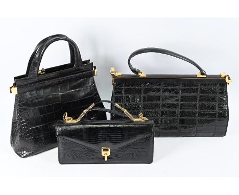 Three black handbags - an Italian Cosci crocodile-style leather shaped bag with two carry handles, shoulder strap and gilt me