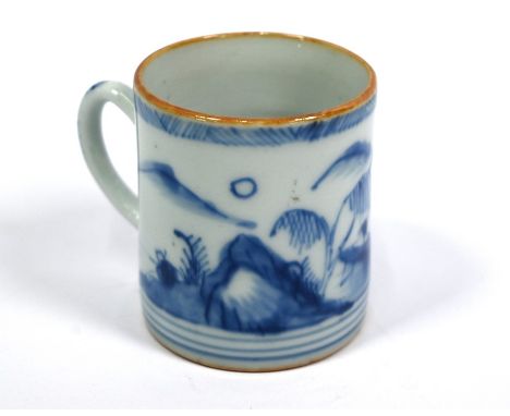An 18th/19th century Chinese blue and white export small cup with brown dressed rim and loop handle, painted in underglaze bl
