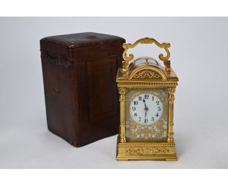 A good lacquered brass hour repeat carriage clock, 19th century, the two train movement striking the hours and half hours on 