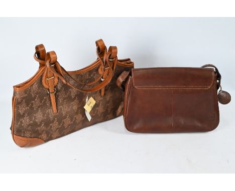 A brown houndstooth handbag c/w dust cover by DKNY (labels still attached) to/w a brown leather shoulder bag in dust cover by