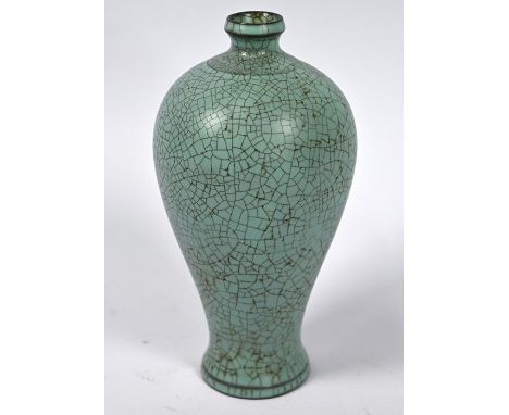 A Chinese Ge style meiping vase with crackled turquoise glaze and six character seal mark on the base, post Qing dynasty, 18 