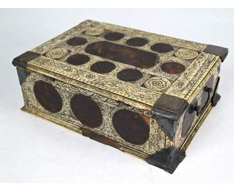 An antique Indian ivory and tortoiseshell veneered sandalwood box with brass and copper mounts, richly decorated overall with