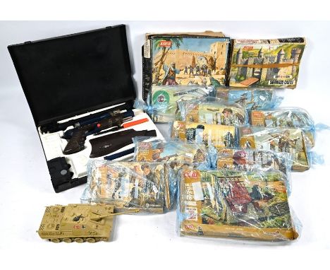 Assorted boxed 'Airfix' 32nd scale plastic figures circa 1970's to/with a cased 'Secret Sam' rifle&nbsp;Broken at barrel exte