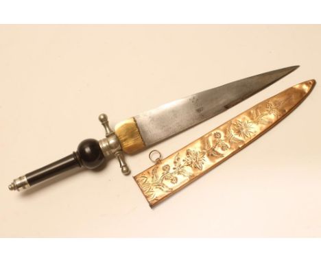 A SPANISH PLUG BAYONET, late 18th/early 19th century, with 9" blade double edged at the tip, brass ricasso, white metal cross