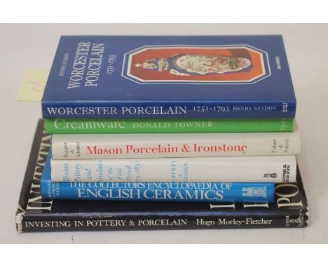 SIX CERAMIC REFERENCE BOOKS including Towner's "Creamware", 1978, Sandon's "Worcester 1751-1793", 3rd ed., Godden's "Minton" 