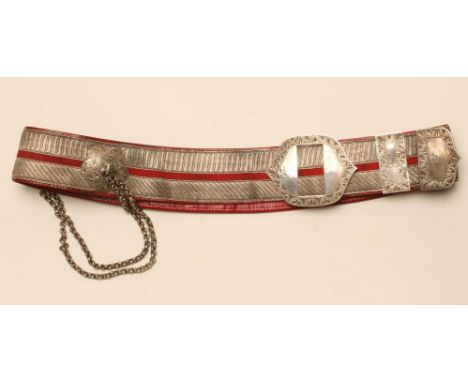A YEOMANRY CAVALRY OFFICER'S CROSS-BELT, dated 1901, the red morocco belt with silvered embroidery centred by a strip of red 