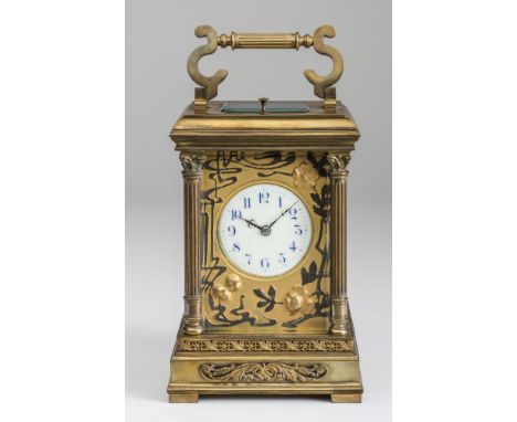 A GILT BRASS CASED CARRIAGE CLOCK, c.1900, the twin barrel movement with platform escapement striking on a gong, the 2" white