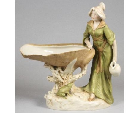 AN ART NOUVEAU ROYAL DUX PORCELAIN SMALL FIGURAL CENTREPIECE, modelled as a young woman wearing a green Pre-Raphaelite style 
