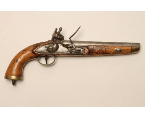 A BELGIAN SEA SERVICE FLINTLOCK PISTOL, early 19th century, with 9" barrel, plain action with crown over V mark, full length 