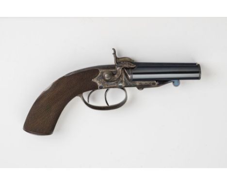 A DOUBLE BARRELLED PINFIRE PISTOL BY THOMAS HORSLEY, mid 19th century, with 3" rifled barrel inscribed "THOs  HORSLEY, YORK",
