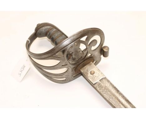 AN 1827 PATTERN RIFLE OFFICER'S SWORD, the 32 1/2" curved and fullered blade etched with foliage, a strung bugle, a crown ove