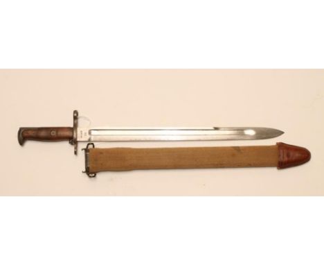 A US MODEL 1905 BAYONET, with 15 3/4" blade dated 1906, button scabbard release, two piece wood grip and leather wrapped scab