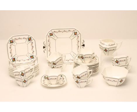 A SHELLEY CHINA TEA SERVICE, 1930's, in Queen Anne shape, printed and overpainted in polychrome enamels with the "Fruit Diamo