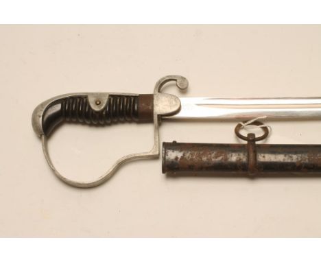 A GERMAN ARTILLERY OFFICER'S SWORD, the 34" curved and fullered blade with maker's marks for WKC, metal stirrup hilt, cellulo