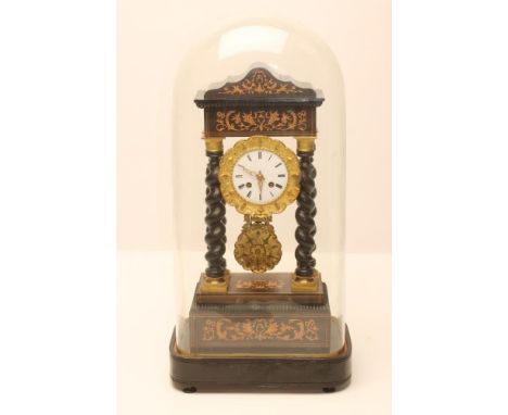 A FRENCH EBONISED PORTICO CLOCK, c.1900, with foliate marquetry and gilt metal mounts, the twin barrel movement with anchor e