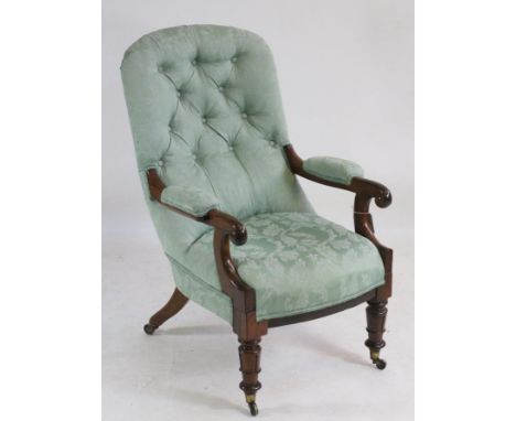 A VICTORIAN ROSEWOOD SALON CHAIR, button upholstered in pale green silk damask, arched back, padded open arms with scrolled t