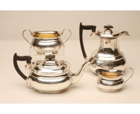 A COMPOSITE THREE PIECE SILVER TEA SERVICE, makers Viners, Sheffield 1920 and 1921, (teapot), of rounded oblong baluster form