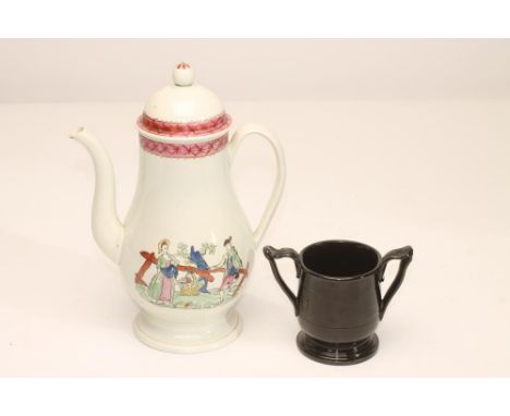 A PEARLWARE COFFEE POT AND COVER, c.1790, of baluster form on glaze painted in polychrome enamels with an 18th century gallan