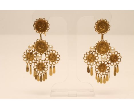 A PAIR OF CHANDELIER EARRINGS, hard mounted with two 1923 Turkish 50 Kurush coins and three Mexican tokens dated 1865 intersp