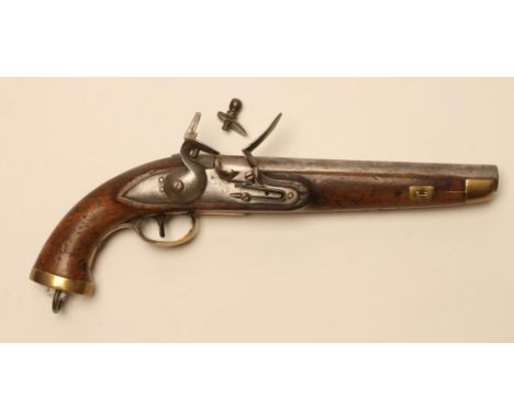 A BELGIAN SEA SERVICE FLINTLOCK PISTOL, early 19th century, with 9" barrel, plain action with rubbed mark, full length stock,