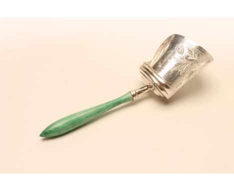 A VICTORIAN SILVER CADDY SPOON, makers Hilliard & Thomason, Birmingham c.1877, the shovel bowl wrigglework engraved with foli