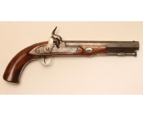 A PERCUSSION PISTOL, the 8 3/4" octagonal damscus barrel with front sight and Manton style inset breech, flintlock converted 