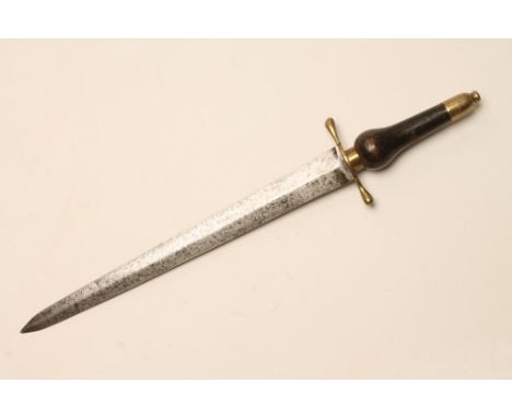 AN ENGLISH PLUG BAYONET, 18th century, with 12 1/4" double edged blade, brass cross guard with bulbous terminals, shaped wood