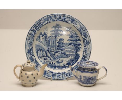 A HARTLEY, GREENS & CO. LEEDS POTTERY PLATE, c.1810, of plain circular form, printed in underglaze blue with the "Scene after
