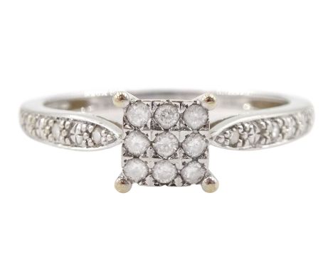 9ct white gold pave set diamond ring, with diamond set shoulders, stamped 375Condition Report:Approx 1.85gm, size M, head dia