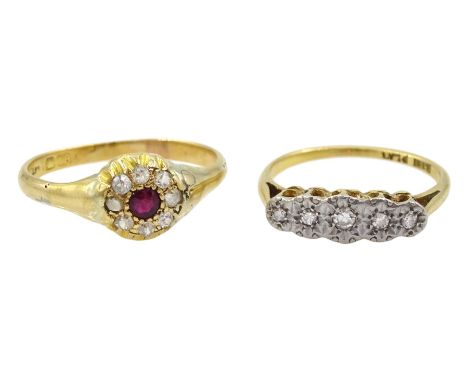 Early 20th century gold ruby and old cut diamond cluster ring and a gold five stone diamond ring, both 18ctCondition Report:A