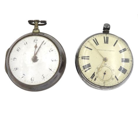 George III silver pair cased verge fusee pocket watch by W E Carter, Ripon, No. 2018, white enamel dial with Arabic numerals,