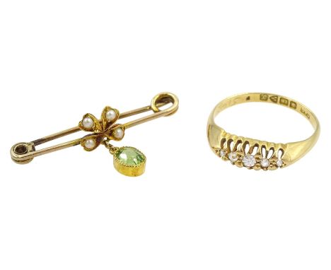 Early 20th century 18ct gold five stone diamond ring, Chester 1919 and a 9ct gold peridot and seed pearl broochCondition Repo