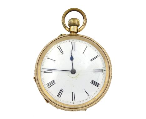 Early 20th century 14ct gold open face keyless cylinder fob watch, white enamel dial with Roman numerals, back case with engr