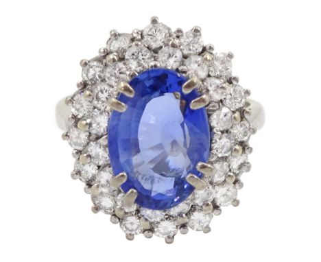 18ct white gold oval sapphire and round brilliant cut diamond cluster ring, Sheffield 2000, sapphire approx 3.75 carat, total