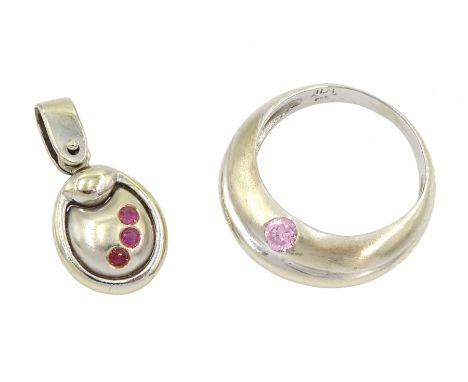 14ct white gold pink stone set ring and a 14ct white gold ruby pendant, both stamped 585Condition Report:Approx 8.05gm, ring 