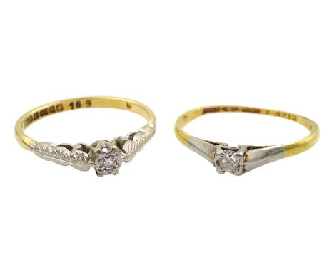 Two 18ct gold single stone diamond rings, one hallmarked, the other stampedCondition Report:Approx 3.45gm, size L-M and N, on