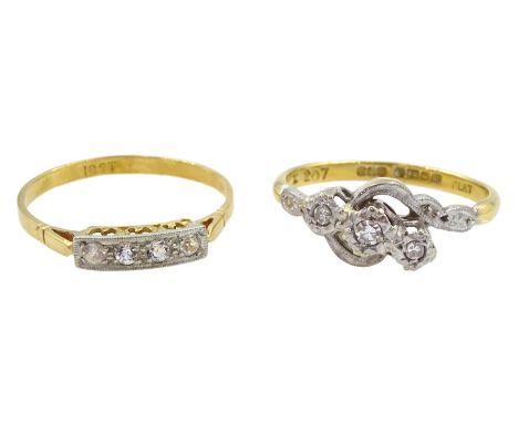 18ct gold three stone diamond crossover ring, Birmingham 1961 and an 18ct gold four stone white sapphire ring, stampedConditi