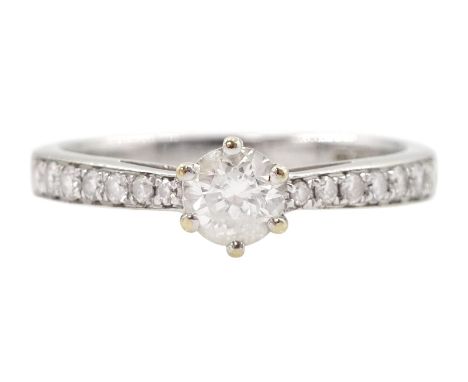 18ct white gold single stone round brilliant cut diamond ring, with diamond set shoulders, hallmarked, total diamond weight 0