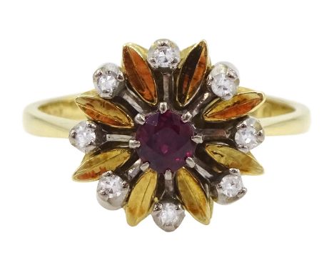 18ct gold ruby and diamond cluster ring, Birmingham 1978Condition Report:Approx 4.3gm, size N-O, head diameter = 12.2mm, good