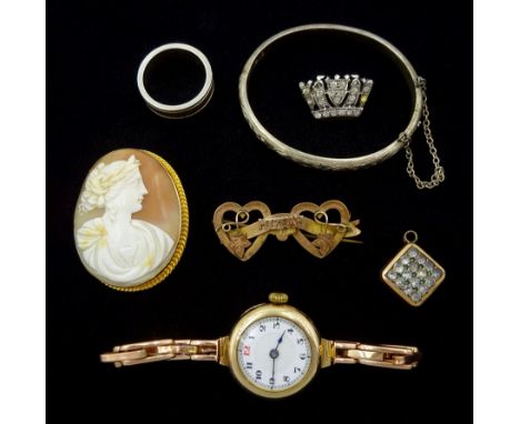 Victorian gold 'Mizpah' brooch, early 20th century gold manual wind wristwatch, on expanding rose gold strap, all 9ct, silver