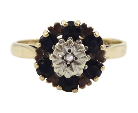 9ct gold sapphire and diamond cluster ring, hallmarkedCondition Report:Approx 3.55gm, size R, head diameter = 11mm