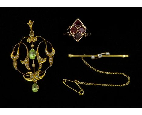 Edwardian gold peridot and seed pearl pendant, stamped 9ct, gold three stone pearl and diamond brooch, stamped 15ct and a 9ct