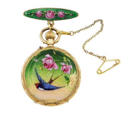 Early 20th century 14ct gold open face keyless cylinder presentation fob watch, white enamel dial with Arabic numerals, the b