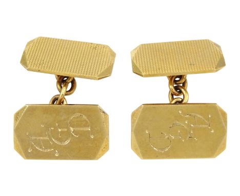 Pair of 9ct gold cufflinks, with engine turned decoration, initialed AGD, hallmarked, boxed Condition Report:Approx 7.5gm